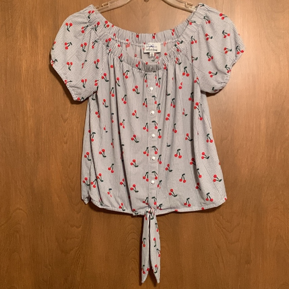 Twine & String Cherry Stripe Print Tie Bottom Faux Button Down Blouse Large L